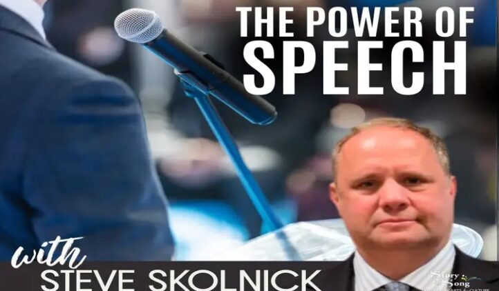 A man in a suit stands in front of a blurred background with a microphone. White text reads The Power of Speech with Steve Skolnick.