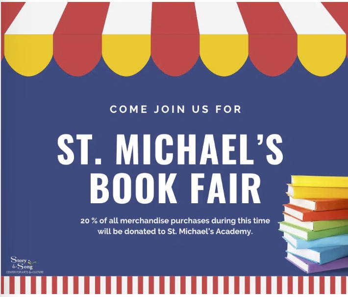 Book fair poster with a red, white, and yellow striped awning, text reading St. Michaels Book Fair, and a stack of colorful books. 20% of purchases will be donated to St. Michael’s Academy.