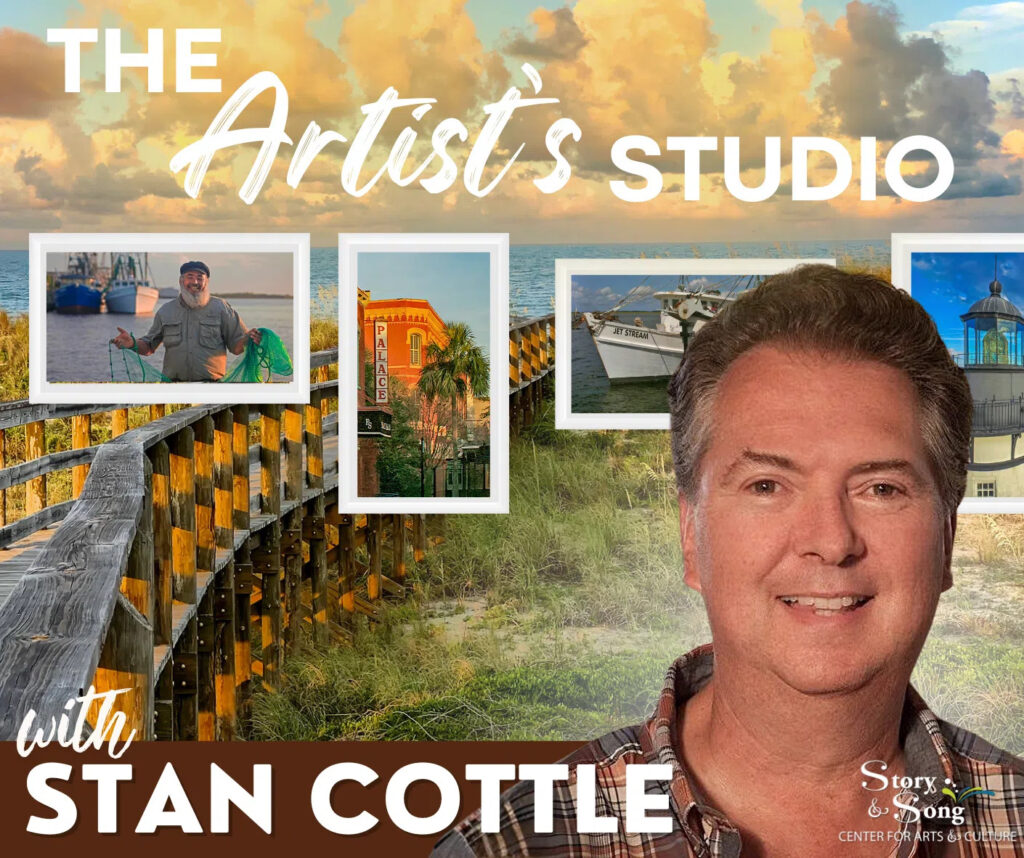 A promotional image for The Artist’s Studio with Stan Cottle features Stan Cottle smiling in the foreground, framed photos of art and boats, a boardwalk, and a beach scene with a cloudy sunset sky.