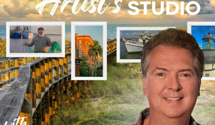 A promotional image for The Artist’s Studio with Stan Cottle features Stan Cottle smiling in the foreground, framed photos of art and boats, a boardwalk, and a beach scene with a cloudy sunset sky.