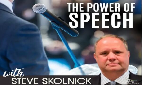 A man in a suit stands near a microphone. The text reads: The Power of Speech with Steve Skolnick. The background is blurred and suggests a public speaking event or podcast setting.