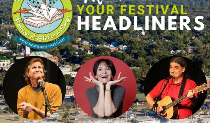 Promotional image for the Amelia Island Festival of Stories & Songs featuring headshots of Andy Offut Irwin, Carmen Agra Deedy, and Don White, with festival logo and text over an aerial view of a coastal town.