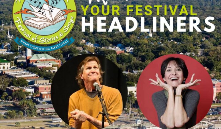 Promotional image for the Amelia Island Festival of Stories & Songs featuring headliners Andy Offutt Irwin and Carmen Agra Deedy, with their photos over a scenic view of Amelia Island.