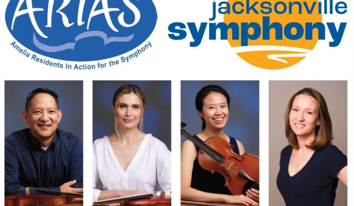 A promotional image for ARIAS and Jacksonville Symphony features the logos at the top and portraits of four musicians—Clinton Dewing, Aurica Duca, Yun-Ting Kuo, and Shannon Lockwood—along the bottom with their names.