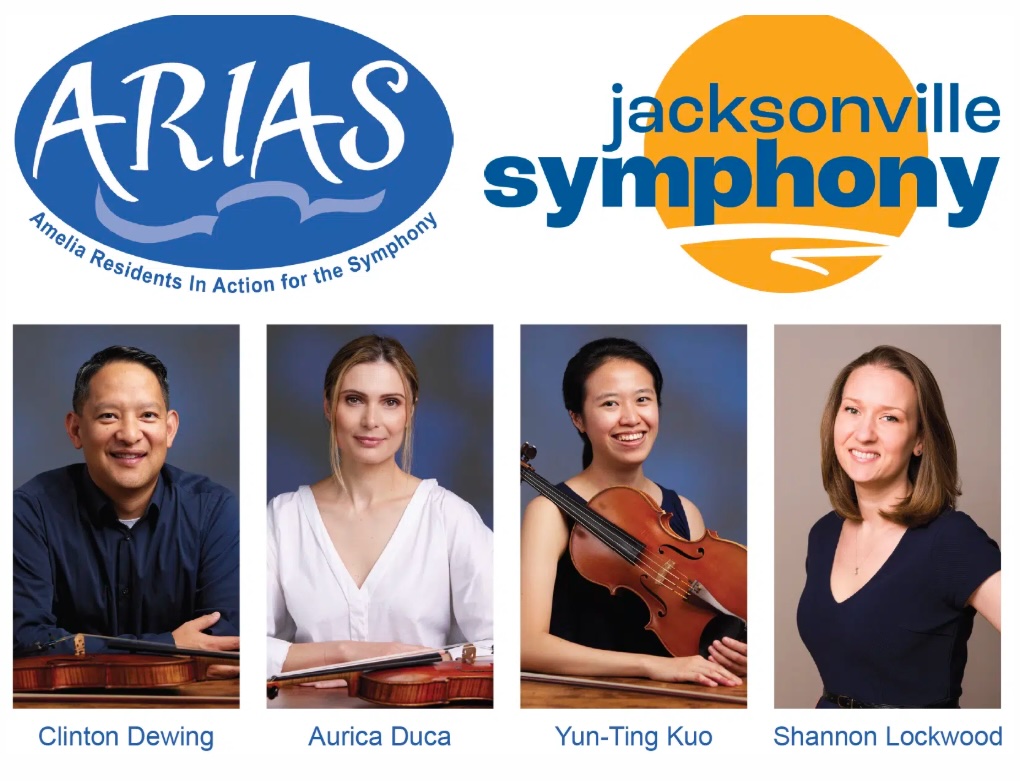 A promotional image for ARIAS and Jacksonville Symphony features the logos at the top and portraits of four musicians—Clinton Dewing, Aurica Duca, Yun-Ting Kuo, and Shannon Lockwood—along the bottom with their names.