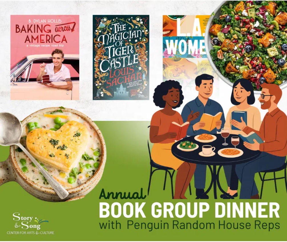 A collage featuring book covers, a salad, a dish of baked casserole, and an illustration of four people dining and discussing books. Text: Annual Book Group Dinner with Penguin Random House Reps.