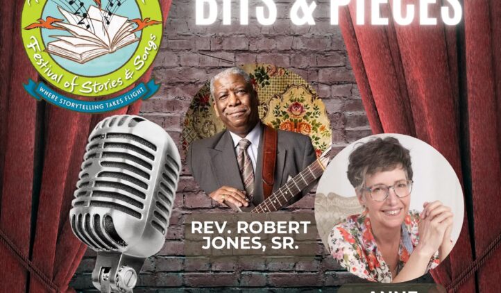 Promotional image for the Amelia Island Festival of Stories & Songs featuring Rev. Robert Jones, Sr. holding a guitar and Anne Rutherford smiling, with a microphone and red stage curtains. Text reads: “Bits & Pieces.”.