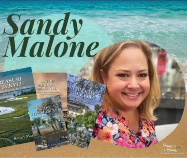 A smiling woman stands in front of a beach background. Next to her are four books with coastal themes. Large text reads “Sandy Malone.”.