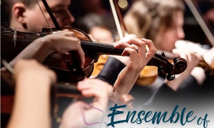 Close-up of musicians playing violins in an orchestra, with the text Ensemble of Jacksonville Symphony and the Story & Song logo at the bottom right.
