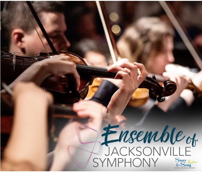 Close-up of musicians playing violins in an orchestra, with the text Ensemble of Jacksonville Symphony and the Story & Song logo at the bottom right.