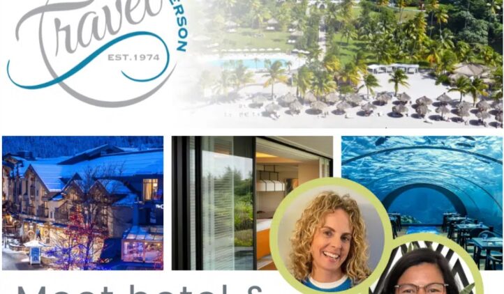 Collage with Wallace Pierson Travel logo, tropical and snowy resort scenes, an underwater hotel view, and two smiling women. Text reads: Meet hotel & resort insiders!.