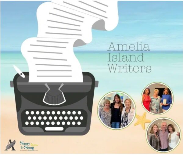 Illustration of a typewriter with paper, ocean background, and the text Amelia Island Writers. Four small circular photos show groups of smiling people. Logos of Story & Song Bookstore and Amelia Island Writers are at the bottom.