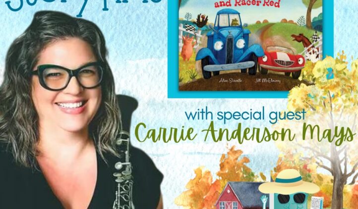 Promotional image for a Story Time event featuring guest Carrie Anderson Mays. Includes the book Little Blue Truck and Racer Red, a photo of Carrie Anderson Mays, and colorful, child-friendly illustrations.
