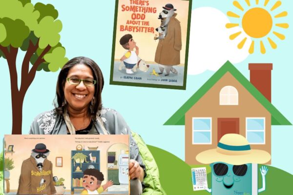 A smiling woman holds an open children’s book with an illustration of a worried boy and a raccoon in a coat; the book’s cover is shown above her, with a cartoon house, sun, and tree in the background.