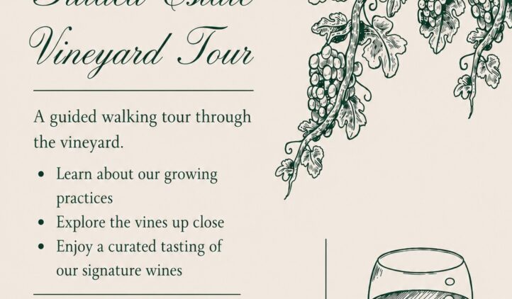 A flyer for Tuscan Rose Vineyards advertises a Stroll & Sip: Guided Estate Vineyard Tour with dates, times, price, a drawing of grapevines, and a sketch of a wine glass. Activities and booking details are listed.