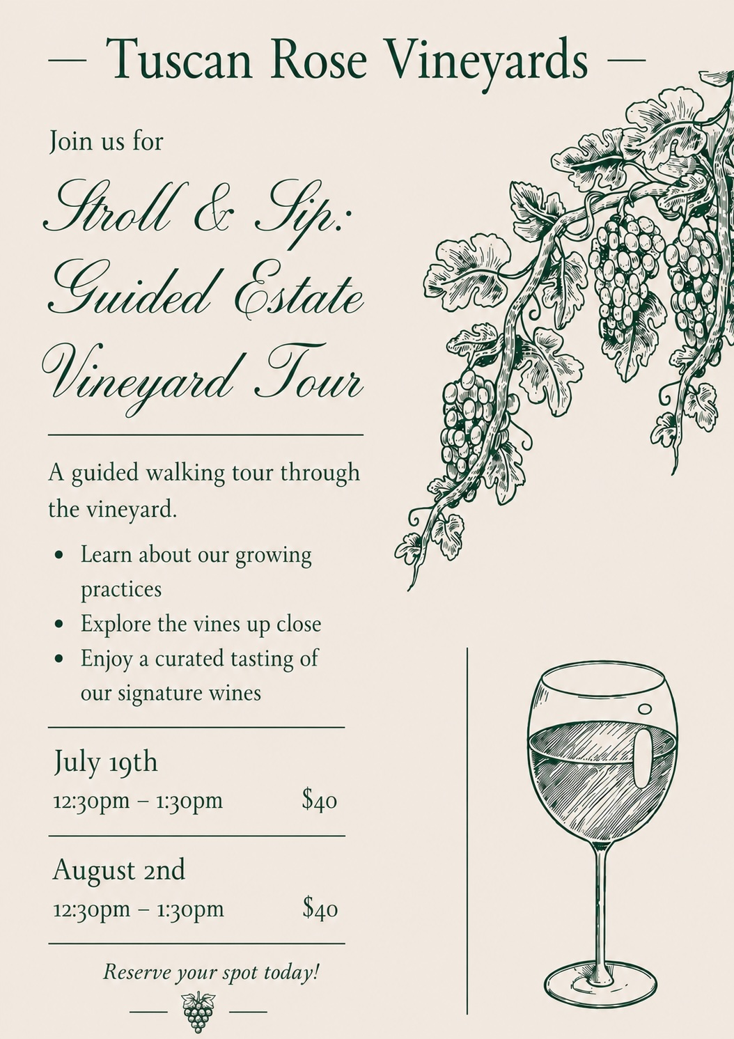 A flyer for Tuscan Rose Vineyards advertises a Stroll & Sip: Guided Estate Vineyard Tour with dates, times, price, a drawing of grapevines, and a sketch of a wine glass. Activities and booking details are listed.