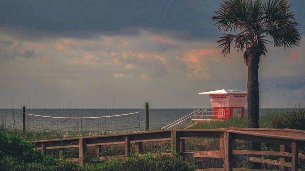 lifeguard stand at sunset