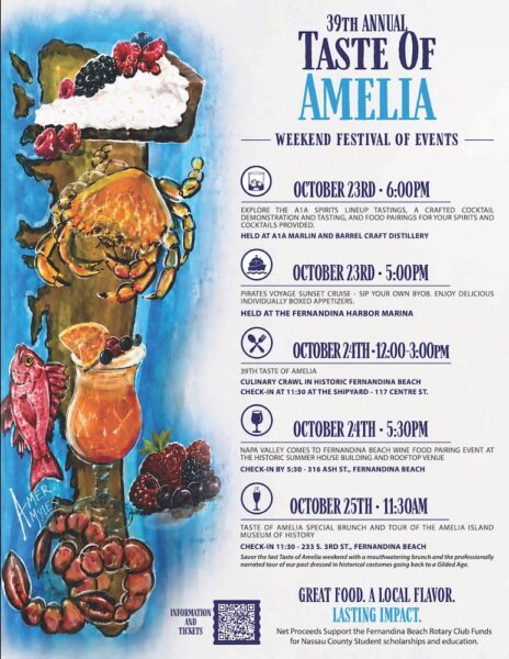 A colorful poster for the 39th Annual Taste of Amelia festival, listing event dates and details, with illustrations of food, wine, and a parrot on the left side.