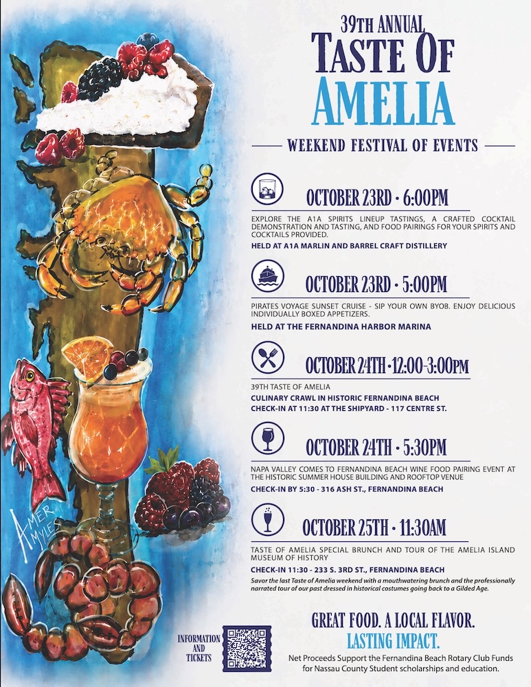 A colorful poster for the 39th Annual Taste of Amelia festival, listing event dates and details, with illustrations of food, wine, and a parrot on the left side.