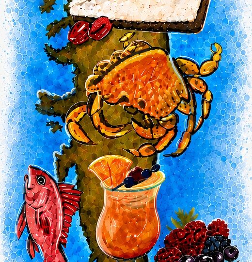 Mosaic-style art of a tree with a slice of pie, a crab, a fish, a tropical drink, berries, and cherries against a blue background.