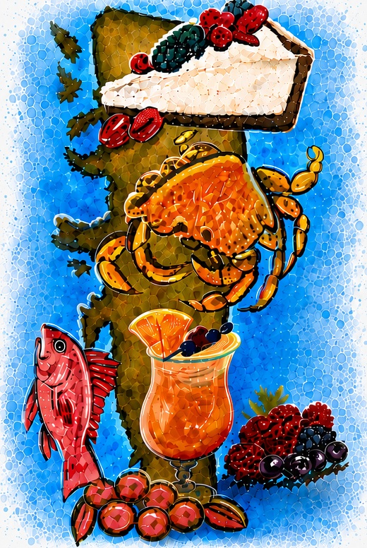 Mosaic-style art of a tree with a slice of pie, a crab, a fish, a tropical drink, berries, and cherries against a blue background.