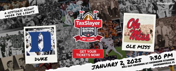 Promotional banner for the TaxSlayer Gator Bowl featuring Duke vs. Ole Miss, scheduled for January 2, 2025, at 7:30 PM in Jacksonville. Includes team logos, vintage photos, and a Get Your Tickets Now! button.