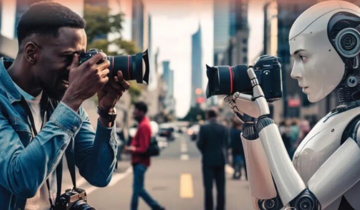 A man and a humanoid robot stand on a city street, facing each other and taking photos with cameras. The text above reads The Artist & AI. The Story & Song logo is in the bottom right corner.