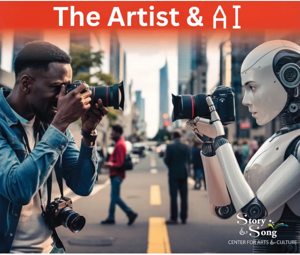 A man and a humanoid robot stand on a city street, facing each other and taking photos with cameras. The text above reads The Artist & AI. The Story & Song logo is in the bottom right corner.