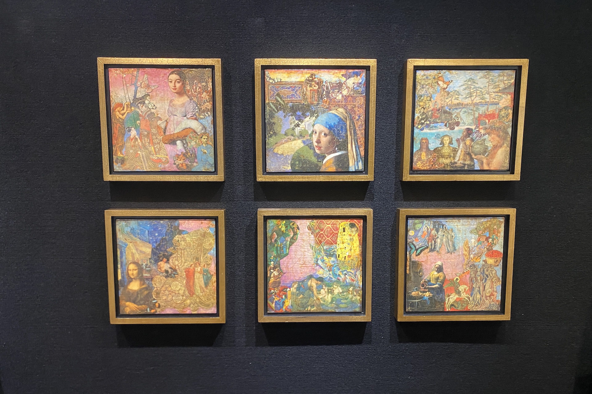 Six framed, colorful art pieces are displayed in two rows on a dark wall. Each artwork appears to blend famous paintings and diverse styles, featuring recognizable portraits and scenes with vibrant, detailed elements.