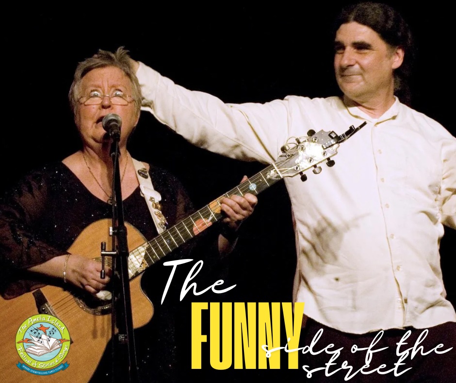 A woman plays guitar and sings into a microphone while a man beside her playfully pats her head. The text reads, The FUNNY side of the street. A colorful logo appears in the corner.