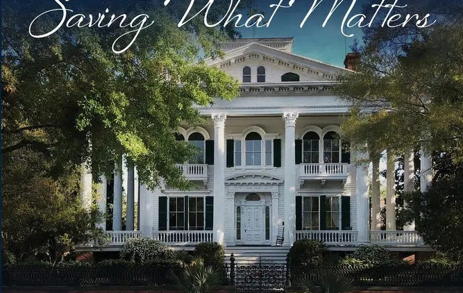 Book cover for The Grassroots Guide to Saving What Matters by Beth Yarbrough, featuring a large historic white mansion with columns, surrounded by trees, with the subtitle Historic Preservation for Everyday People.