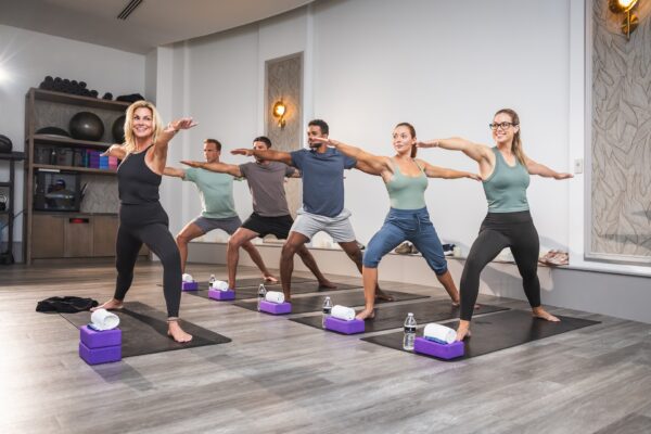 Five adults practice yoga in a studio, standing in a row on mats and blocks while holding the warrior pose. They appear focused and are wearing athletic clothing. Yoga props and water bottles are on the mats.