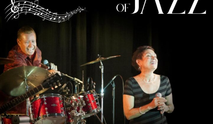 Two musicians perform on stage under the text The Story of Jazz. A drummer plays energetically, while a woman stands at a microphone, singing and smiling. Musical notes and the Story & Song logo are also visible.