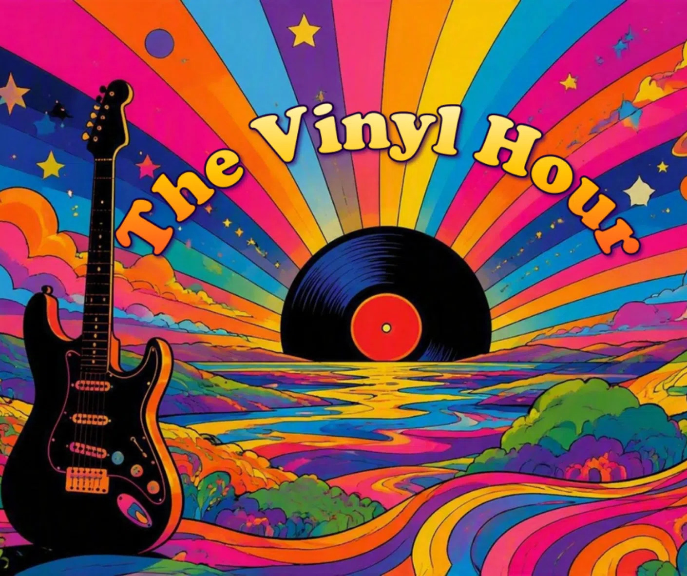 A psychedelic, colorful scene with a guitar, a vinyl record, and the text The Vinyl Hour in bold letters, set against a vibrant, swirling sunset sky and landscape.