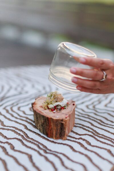 The amuse bouche: black drum with boiled peanut, fennel pollen, and Meyer lemon prepared by chef Collazo