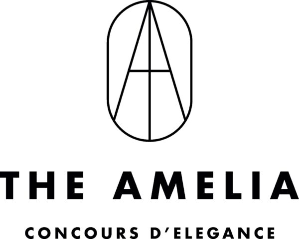 Black and white logo with a stylized letter A inside an oval above the words THE AMELIA and CONCOURS D’ELEGANCE in bold, uppercase letters.