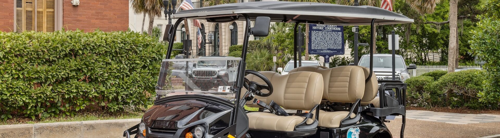 A black golf cart with beige seats is parked on a city street, surrounded by greenery and historic buildings. Two American flags are visible on the cart’s back, and palm trees are in the background.