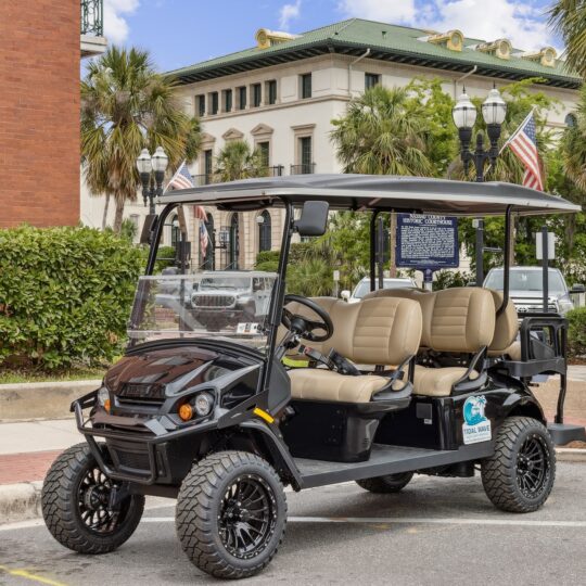 A black golf cart with beige seats is parked on a city street, surrounded by greenery and historic buildings. Two American flags are visible on the cart’s back, and palm trees are in the background.
