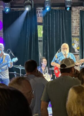 A band performs on stage in front of a crowd, with blue and purple lights shining. The musicians play guitars and drums, and a pink flower design is projected on a brick wall behind them. Audience members watch and enjoy the music.
