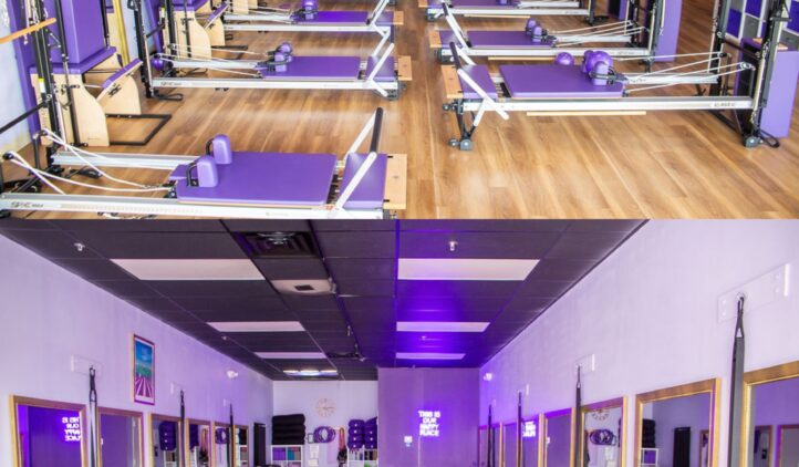 Two photos of a fitness studio: the top shows a row of Pilates reformer machines on a wood floor; the bottom shows a barre studio with mirrors, ballet barres, and purple exercise equipment along the walls.