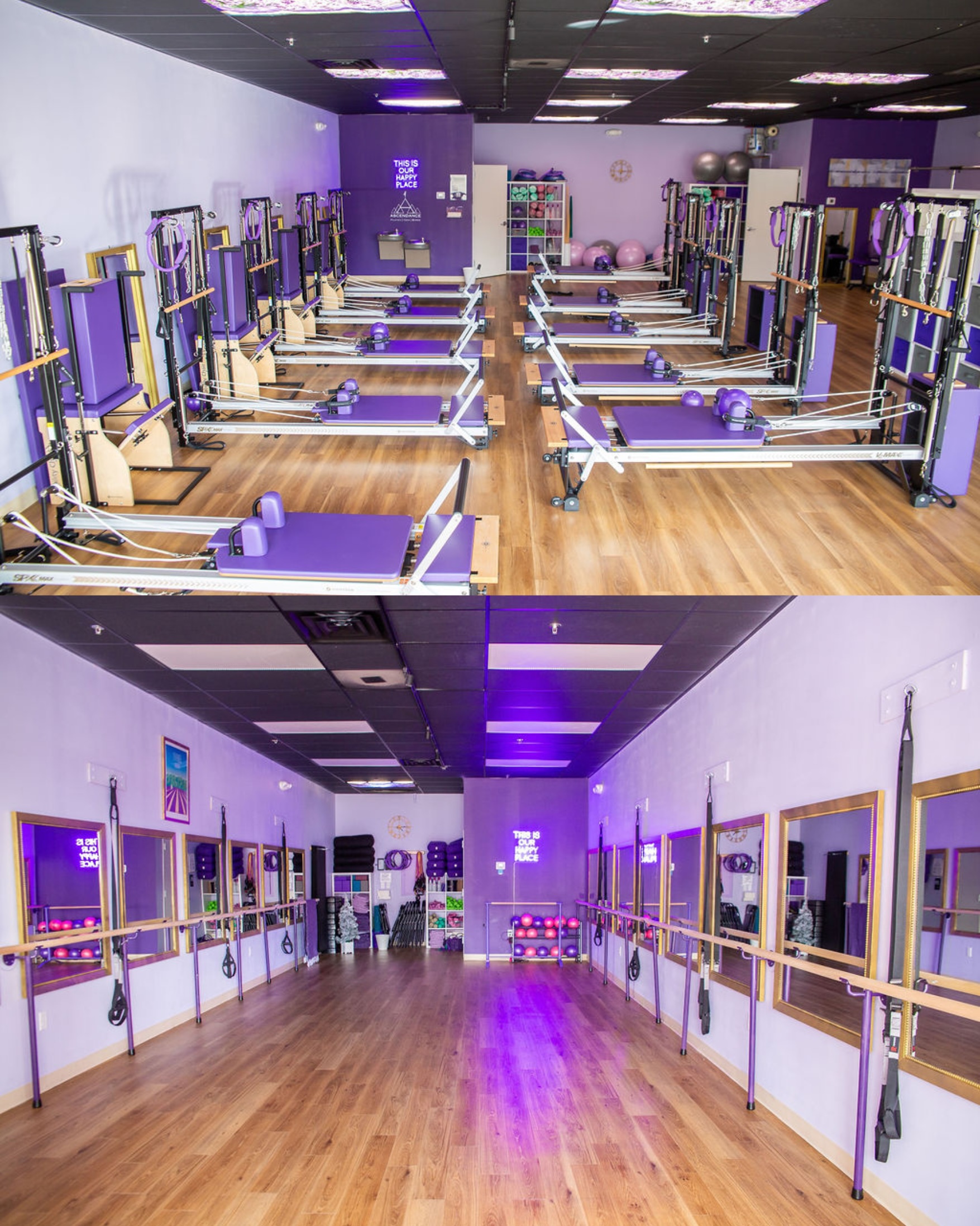 Two photos of a fitness studio: the top shows a row of Pilates reformer machines on a wood floor; the bottom shows a barre studio with mirrors, ballet barres, and purple exercise equipment along the walls.