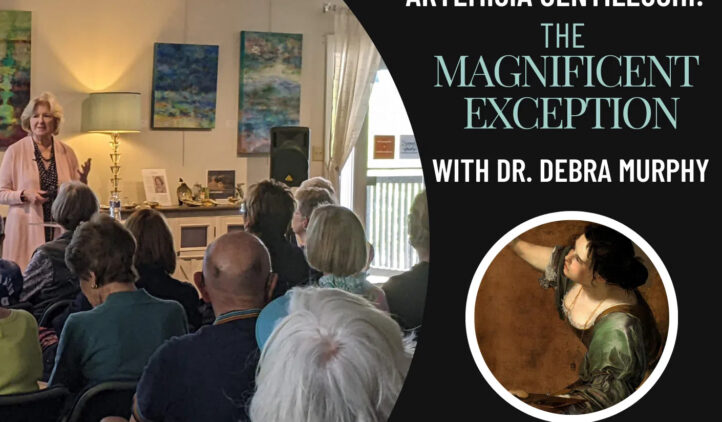 A woman speaks to an audience in a brightly lit room. Text reads: “UNF Lecture Series: Artemisia Gentileschi: The Magnificent Exception with Dr. Debra Murphy.” Includes UNF and sponsor logos and a painting of a woman.