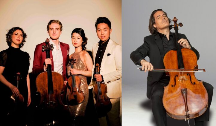 A string quartet poses together with their instruments on the left, while a man in black plays a cello passionately on the right against a light background.