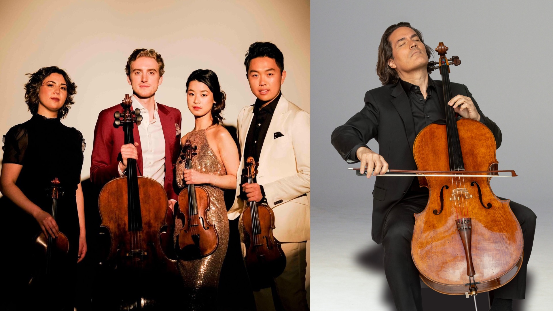 A string quartet poses together with their instruments on the left, while a man in black plays a cello passionately on the right against a light background.