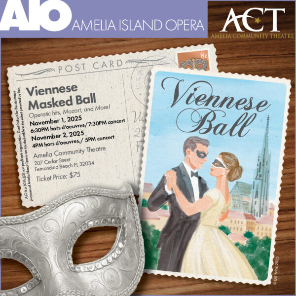 A postcard advertises the Viennese Masked Ball opera event with an illustration of a masked couple dancing, event details, a postcard, and a silver masquerade mask on a purple background.
