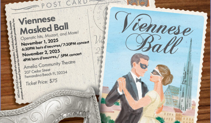 A postcard advertises the Viennese Masked Ball opera event with an illustration of a masked couple dancing, event details, a postcard, and a silver masquerade mask on a purple background.