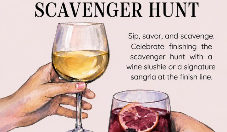 Event poster with two hands toasting; one holding a glass of white wine, the other a glass of red sangria with fruit. Text promotes a winery scavenger hunt on July 12th at Tuscan Rose Vineyards, 12-4 PM, $15.