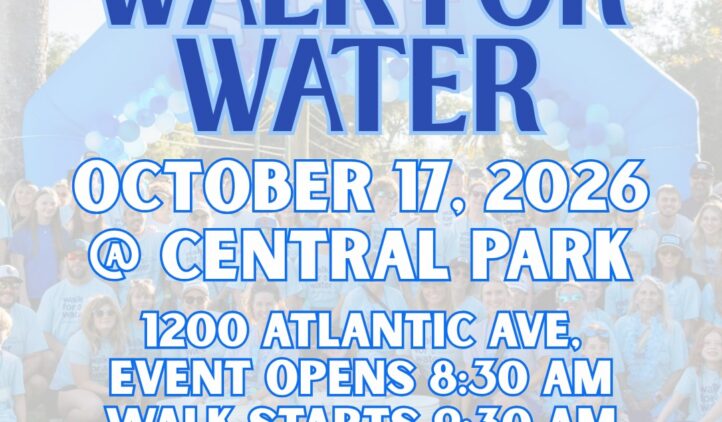 Flyer for the 3rd Annual Walk for Water on October 17, 2026, at Central Park, Amelia Island. Event opens at 8:30 AM, walk starts at 9:30 AM. Includes QR code for registration, donation, and volunteering.