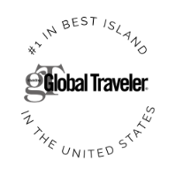 A circular badge with gT Global Traveler in the center and the text #1 in Best Island in the United States around it.
