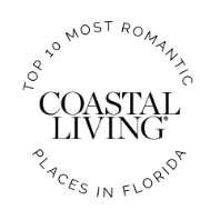 Circular text reads Top 10 Most Romantic Places in Florida surrounding the Coastal Living logo in bold, black letters on a light gray background.